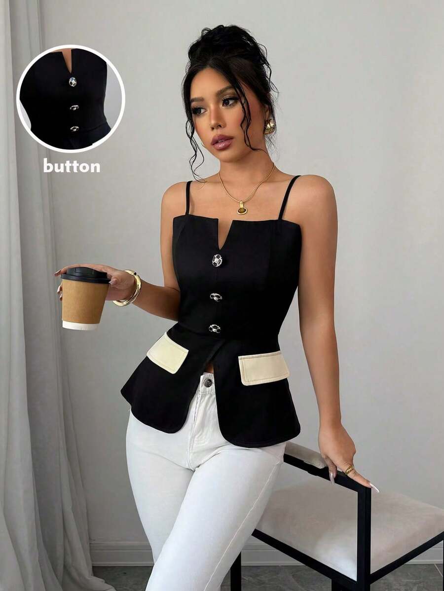 SHEIN PETITE 女士撞色纽扣装饰开衩下摆休闲吊带背心图案 T 恤女士上衣