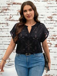 SHEIN Clasi 大码女式花卉网纱V领短袖上衣，适合度假、音乐会、热带风情、乡村音乐会、锐舞派对等场合，夏季百搭，春季女装 - 黑色 - 查看 5