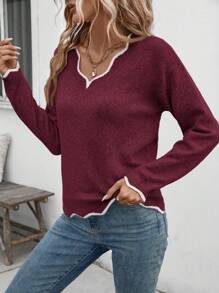 EMERY ROSE Plus Size Wave Splice V-Neck Long Sleeve Knit Sweater