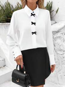 SHEIN Clasi Áo cánh màu tương phản cổ vuông xếp nếp thời trang mới cho nữ - trắng - Xem 6