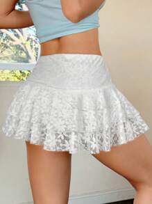 Comfortcana Women's Floral Lace Ruffle Double Layer Hem Mini Skirt - White - View 2