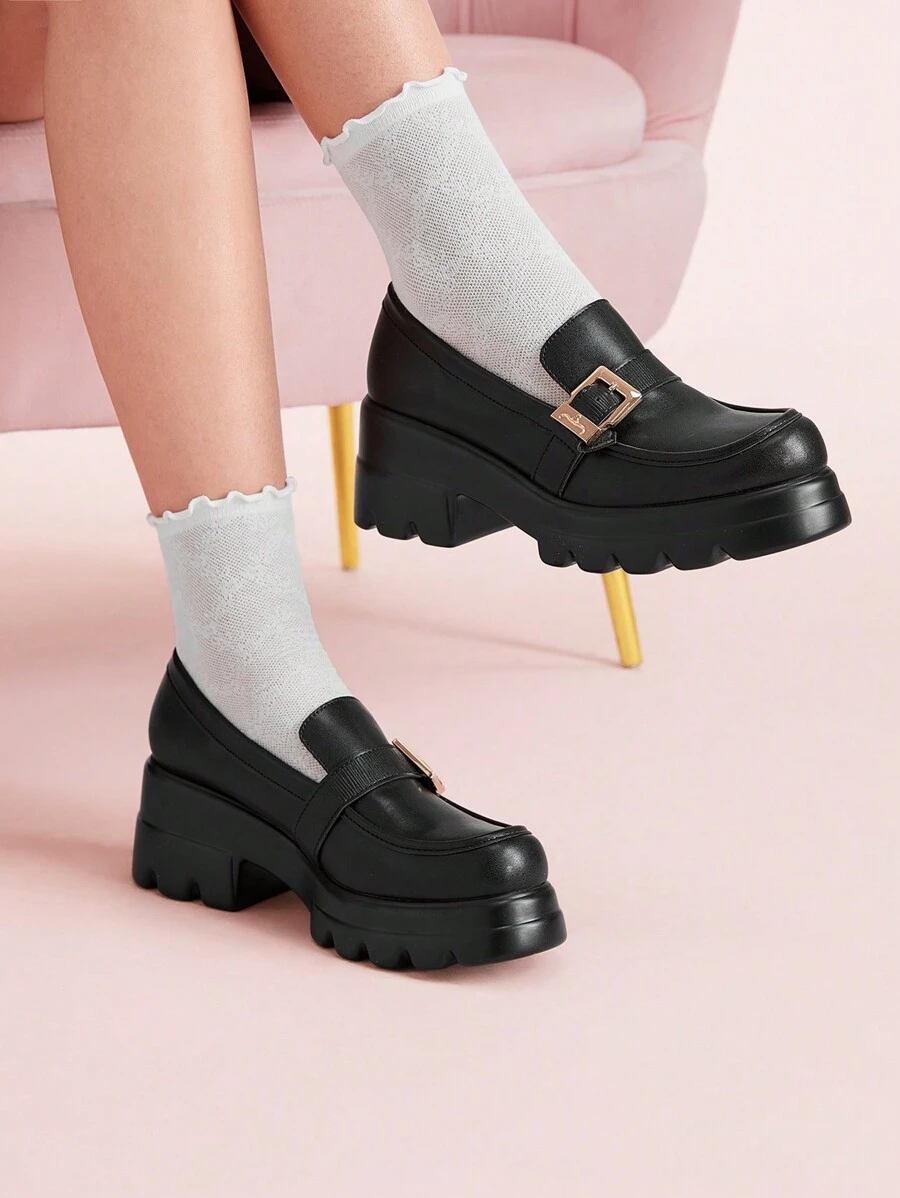 CUCCOO DOLLMOD Women's Outdoor Round Toe Wedge Thick Bottom Button Decorated Black PU Glossy Material Fashion Simple Black Slip-On Flat Shoes