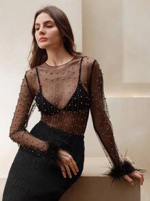 Anewsta Top blanc moelleux en maille ajourée et strass pour femmes