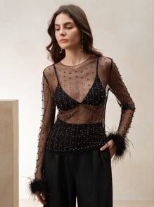 Anewsta Women's White Mesh Sheer Rhinestone Beaded Fluffy Sweater - Black - View 5