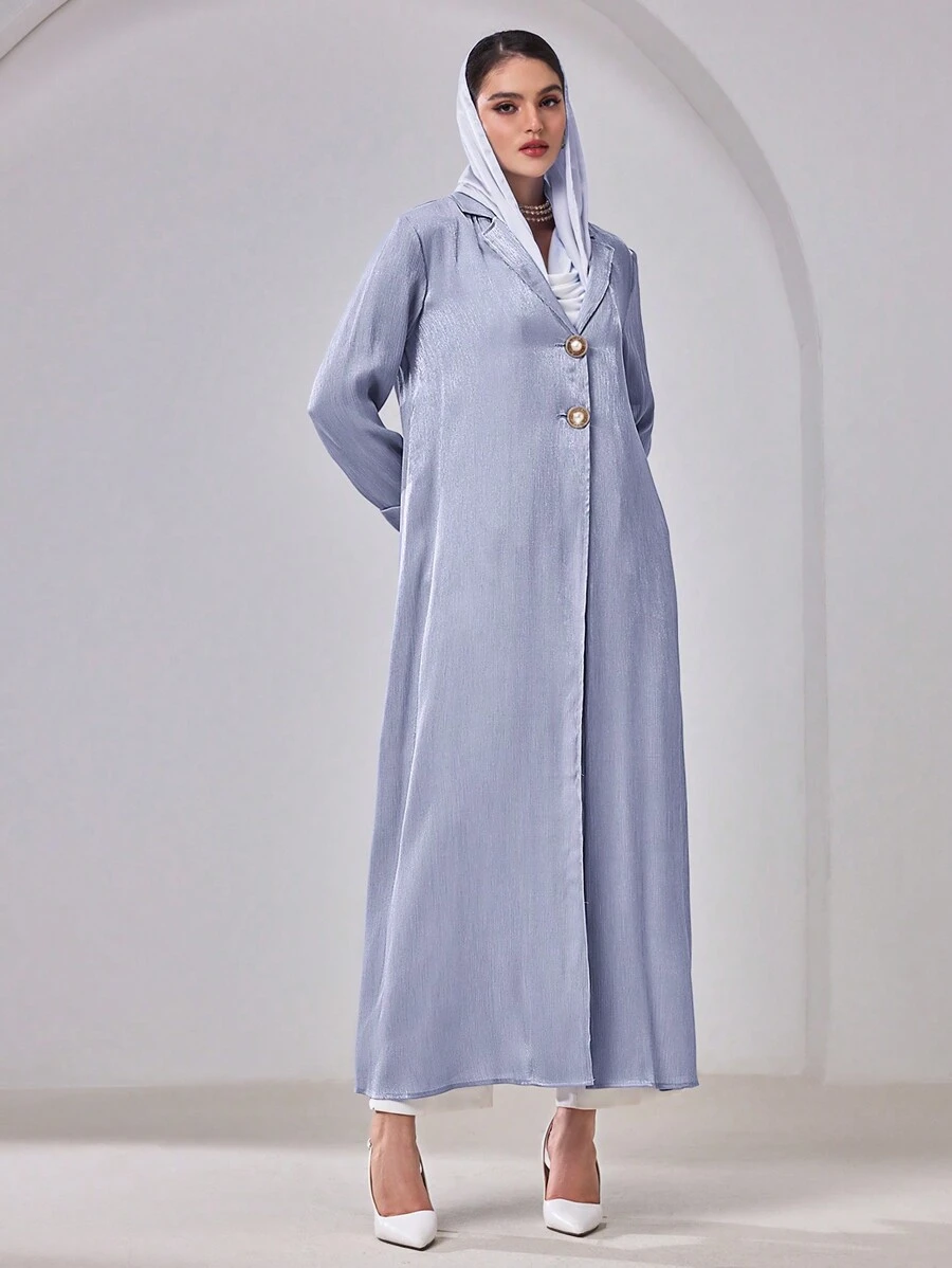 Al Najma Long Sleeve Simple Front Button Closure Long Abaya Robe - Blue - View 1