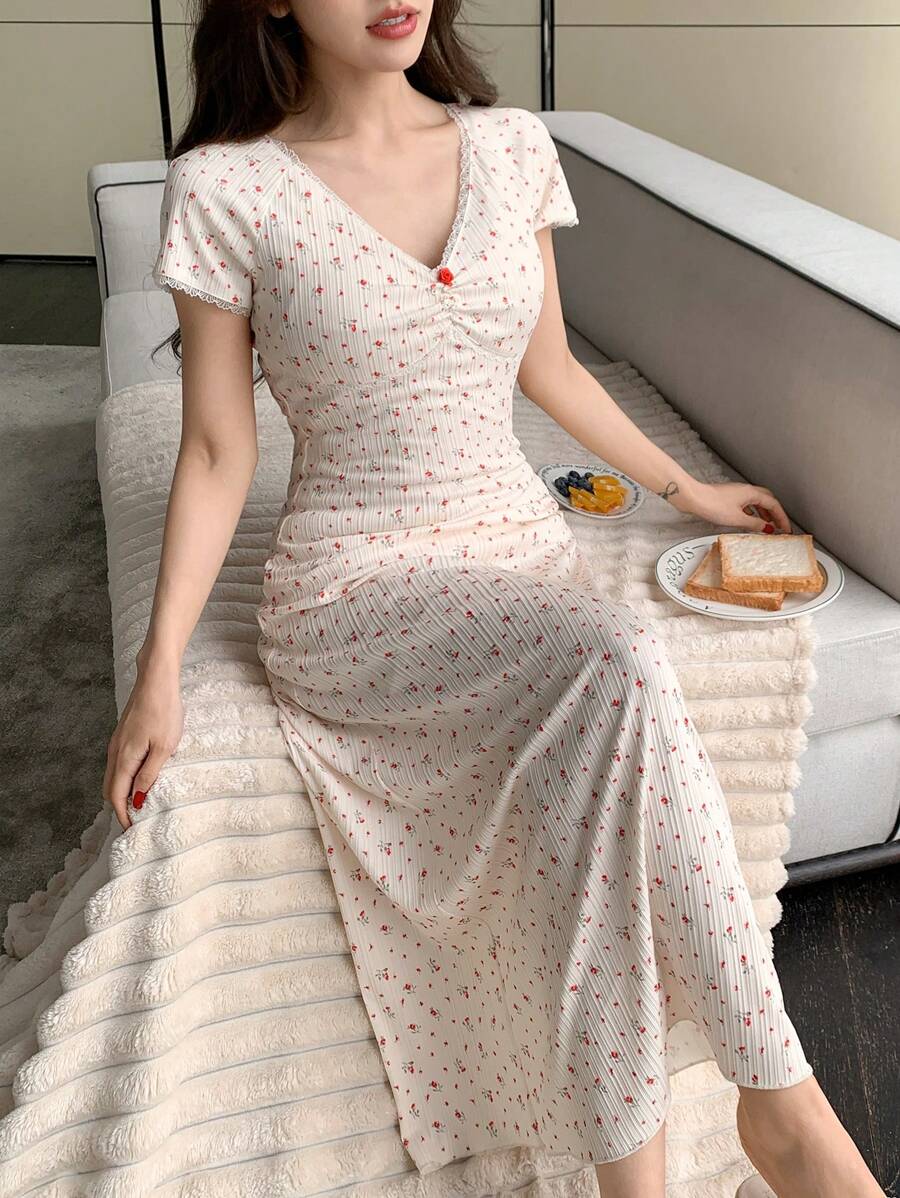 DAZY 碎花华夫格针织迷你V领短袖女式睡衣 - 白色 - 查看 1