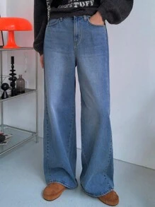 DAZY Women's Loose Wide Leg Side Pleated Flared Hem Long Denim Jeans, All Season