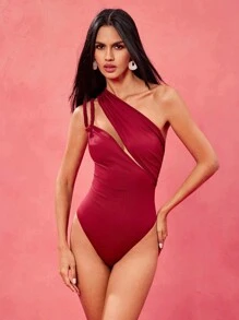 Iridescence Sculpted Designer Burgundy Asymmetric Neck Braided Strap Bodysuit, Festival, Summer,Beach For Women, Concert,Elegant,Vacation, Western Wear,Boho, Gyaru - Burgundy - View 4