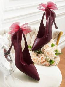 CUCCOO HITCHD 女士尖头高跟鞋时尚优雅网眼蝴蝶装饰红色婚礼派对高跟鞋，春季休闲办公穿着女士别致美学经典风格新娘鞋 - 酒紅色 - 查看 6