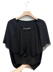 SHEIN Clasi Blusa negra holgada de mujer talla grande con decoración de perlas y mangas de murciélago de gasa - Negro - Ver 1