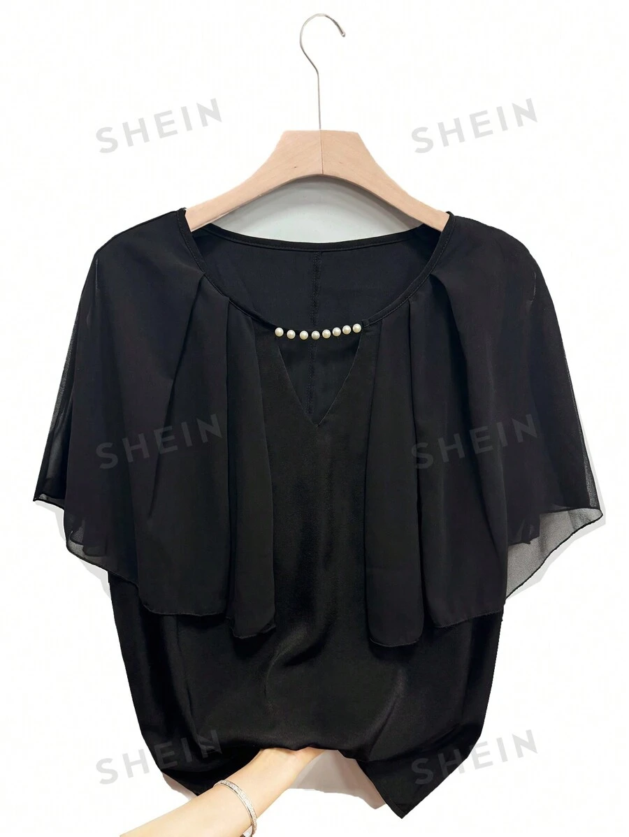SHEIN Clasi Blusa negra holgada de mujer talla grande con decoración de perlas y mangas de murciélago de gasa - Negro - Ver 1