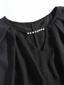SHEIN Clasi Blusa negra holgada de mujer talla grande con decoración de perlas y mangas de murciélago de gasa - Negro - Ver 7