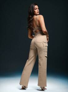 Denimoi Jeans rectos de mujer con bolsillo con solapa de rhinestones para primavera/verano, jeans cargo, para salir, fiestas, conciertos country, festivales rave, ropa de club - Albaricoque - Ver 5