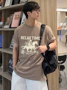 DAZY T-Shirt With Denim Pattern & Letter Print, Summer,Graphic Tees - Brown - View 3