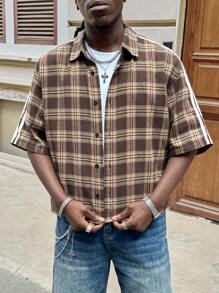 AXEPEAK 男士格子宽松梭织长袖衬衫，适合学校和街头穿着