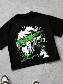 Manfinity EMRG Oversized Short Black T-Shirt With Green Graffiti Woman Figure Print - Black - View 2