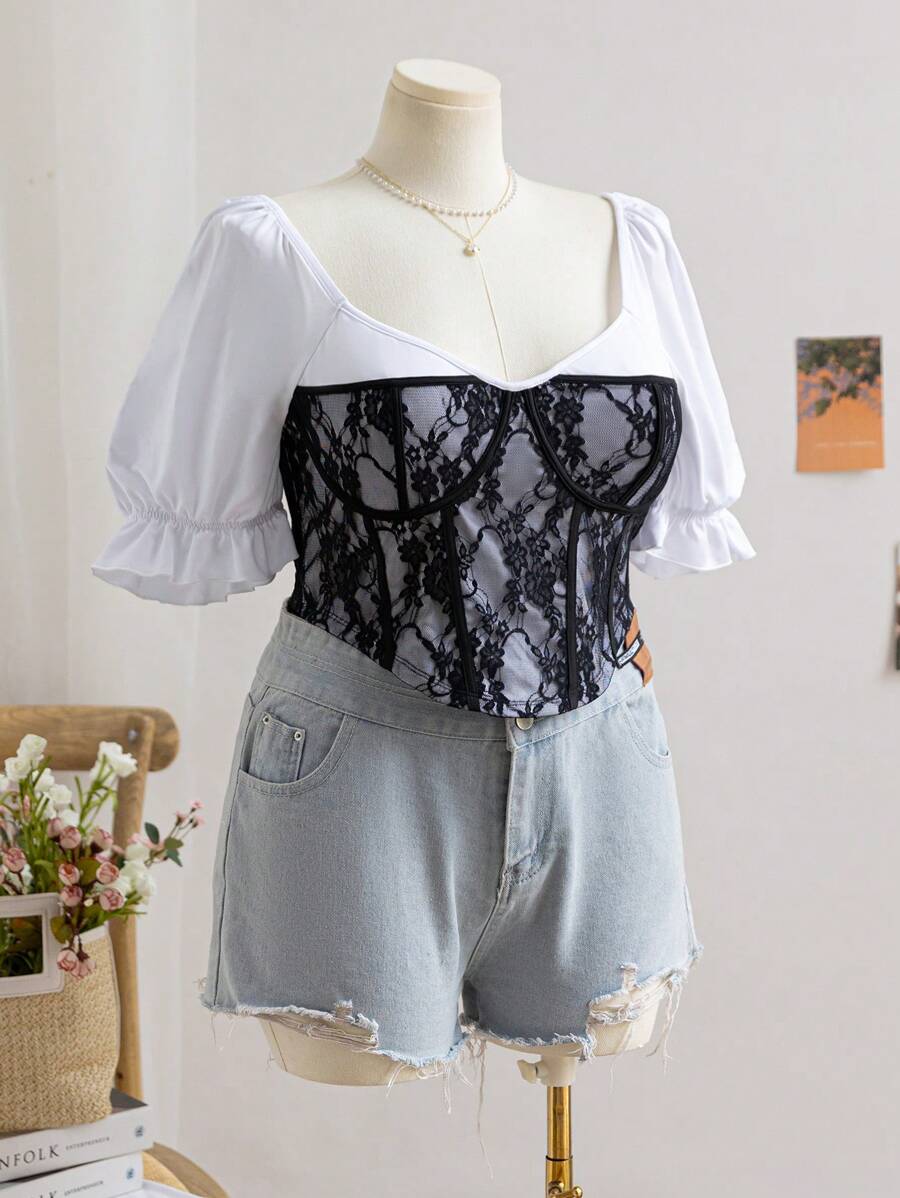 SHEIN WYWH Damen Große Größen Frühlings Urlaubs Romantisch Vintage ...