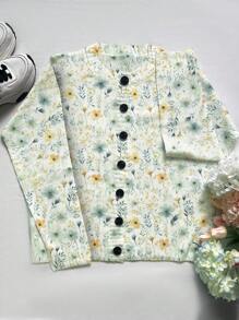 SHEIN LUNE New Casual Artistic Retro Ditsy Floral Design Women Cardigan, Spring & Autumn