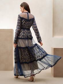 Anewsta Sheer Mesh Contrast Lace Hollow Embroidered Mesh A-Line Dress With Waist Design, Princess Style - Blue - View 2