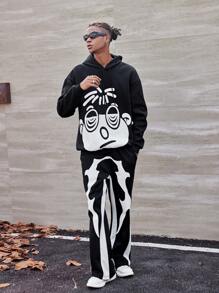 PAVTROS Manfinity Streetrush Men's Cartoon Print Hoodie Sweatshirt And Drawstring Sweatpants Casual Set, Men 2 Piece Set - Black - View 3