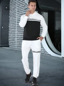 Manfinity Sport Corelite Men Solid Color Patchwork Long Sleeve Simple Sportswear Top And Pants Set - White - View 1