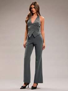 SHEIN BAE 女式条纹喇叭休闲百搭西装裤 - 灰色 - 查看 6