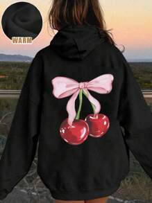 SHEIN EZwear Casual Minimalist Cherry Print Hooded Loose Fit Thick Sweatshirt For Women