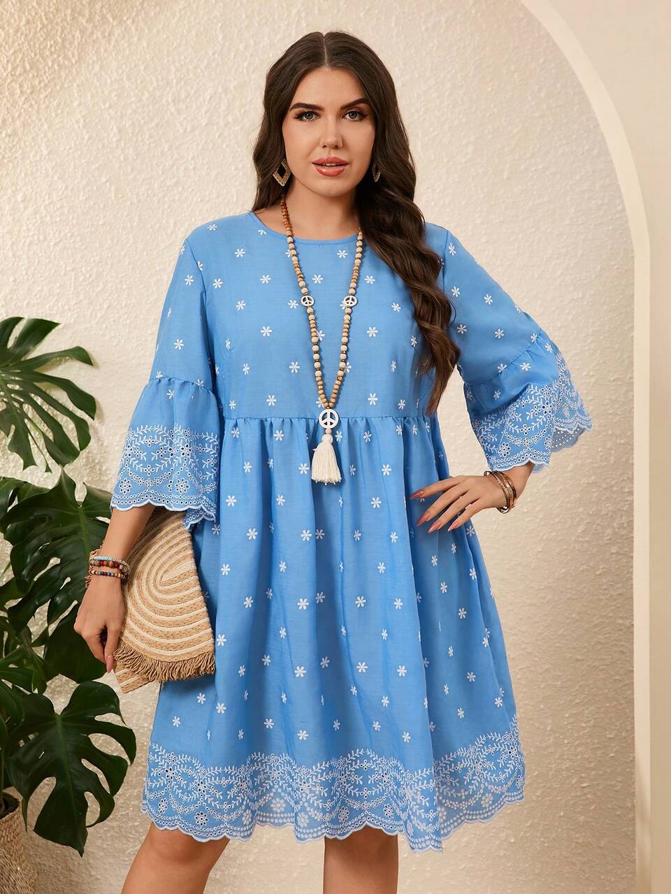 Plus Size Women Embroidered Trim Round Neck Light Blue Dress,Boho Vacation Holiday Summer Outfits,Casual Blue And White Autumn St Patrick Day Clothing