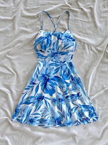 Soleia Vestido Slip Curto Estampado com Flores Azuis, Sem Costas, Verão e Primavera - Azul e Branco - Visão 5