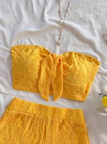 Soleia Bộ 2 món áo crop top buộc dây và quần short cạp cao đi nghỉ, vải có họa tiết, thích hợp cho kỳ nghỉ, lễ hội âm nhạc, phong cách Bohemian, ngày lễ, trà chiều ngày lễ tình nhân - Màu vàng - Xem 4