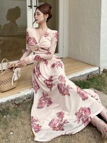 DAZY Women's V-Neck Floral Print Long Dress, Pink, Spring/Fall Long Sleeve Dress Boho Vacation Outfits Women - Pink - View 7