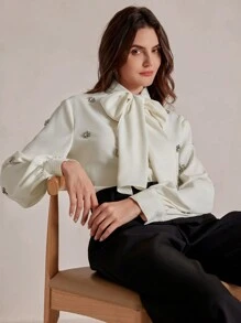 Anewsta 1 pieza Blusa elegante de mujer con diamantes de imitación, diseñada a mano, atuendo primaveral para mujer