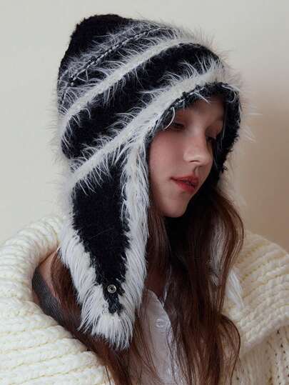 Goth Berretto di lana a maglia donna semplice con toppe in pelliccia ecologica, colore unito, adatto per uso casual e quotidiano