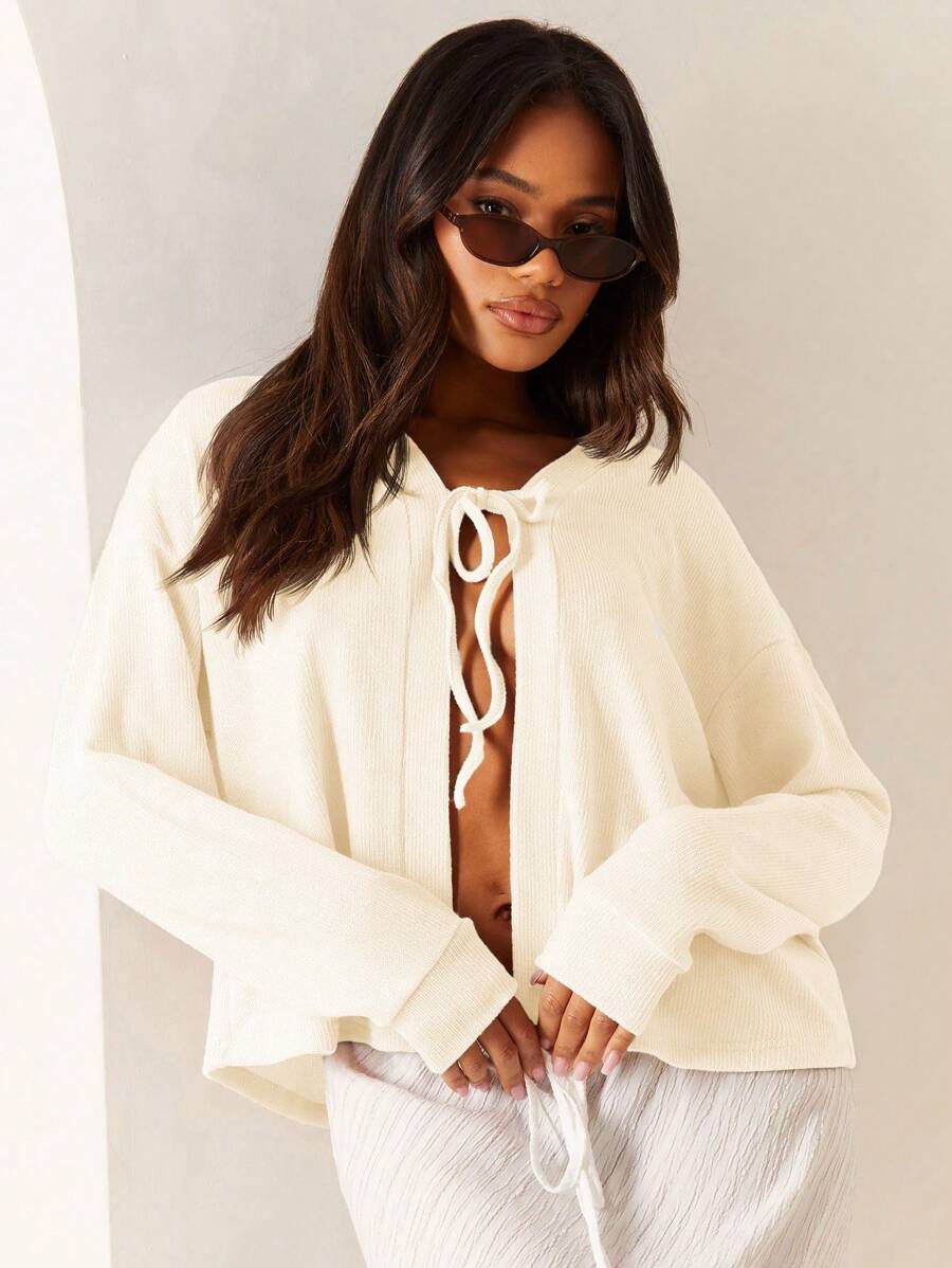 Athîral 女士纯色前系带长袖休闲上衣，日常穿着