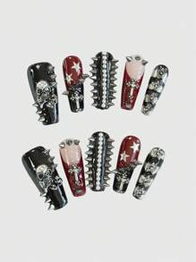 ROMWE 10pcs Gothic Skeleton Studded High-Quality False Nails + 3 Double-Sided Tapes, Y2K Goth Punk Manicure, Detachable Contrast Color Handpainted Nail Stickers, Suitable For Festivals, Parties, Dancing And Everyday Wear, Halloween - Multicolor - View 1