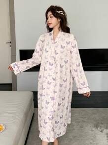 DAZY 女士休闲长袖蝴蝶全身印花宽松睡衣睡袍 - 杏色 - 查看 3