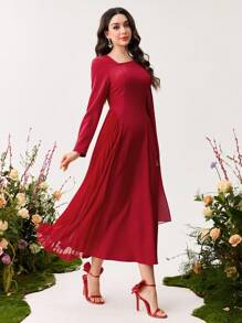 Modelyn Women's Pleated Mismatch Sleeve Dress Fall Cloth For Women - Red - View 3