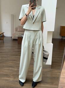 DAZY Bộ quần áo công sở nữ màu trơn, dáng rộng, ống đứng và vest. - Màu xanh Bạc hà - Xem 8