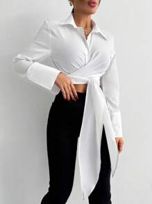 RueChic LONG SLEEVE VOLUMED CUFF TIE UP HEM SHIRT - White - View 4