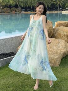 DAZY 女士扎染印花吊带中长款度假连衣裙夏季吊带长裙 - 綠色 - 查看 5