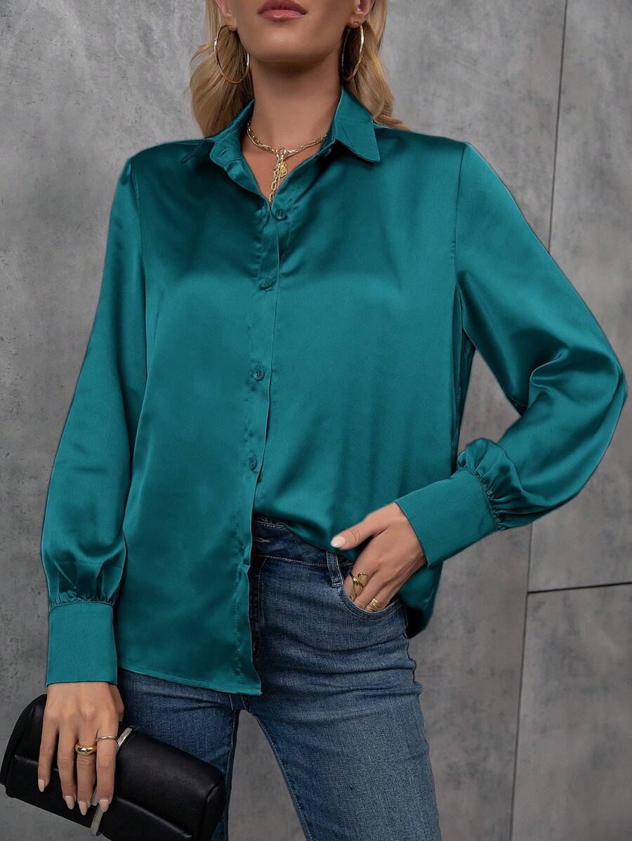 SHEIN Clasi Long Sleeve Solid Color Satin Shirt For Holiday Party Clothes - Blue - View 1