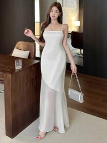 DAZY 女式白色透明网眼拼接长款吊带裙，春夏 FirstDateOutfits 优雅正式女装 - 白色 - 查看 7