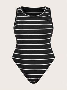 SHEIN LUNE 加大码无袖条纹休闲紧身衣，时尚日常穿着情人节度假装女士夏季服装女士外出上衣女士商务休闲女装夏季可爱衬衫办公室