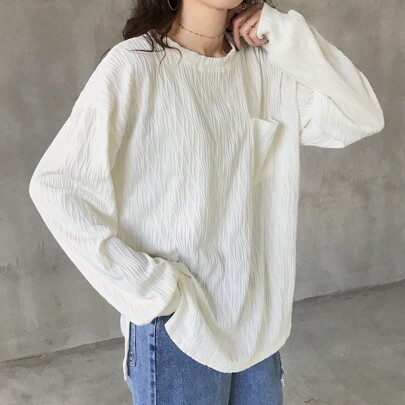 여성용 화이트 루즈핏 티셔츠, 텍스처 원단 베이직 긴팔 티, 봄