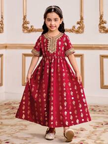 Young Girl Round Neck Short Sleeve Simple Elegant Dress - White - View 5