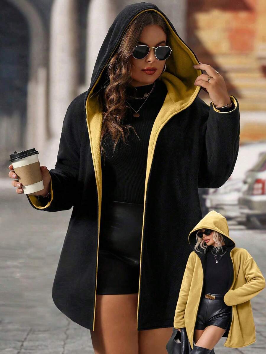 SHEIN LUNE Reversible Two-Tone Sherpa Jacket With Pockets, For Plus Size Women, For Winter Clothes - Black - View 1