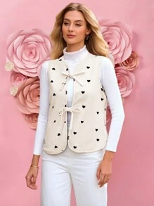 SHEIN VCAY Valentine's Day Holiday Out Dating, Shopping, Going To School, Going To Work, Love Shaped Romantic Pattern Style Female Jacket Jacket - Apricot - View 4