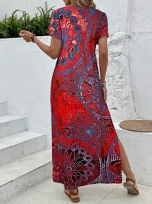 EMERY ROSE 女式复古花卉印花 V 领蝙蝠袖休闲夏季连衣裙长款女式连衣裙长裙 - 紅色 - 查看 2