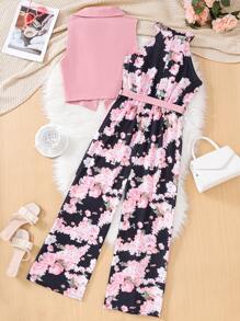 SHEIN Leap Crew Teen Girls Floral Print Cami Jumpsuit With Sleeveless Short Jacket, Elegant Outfit For Vacation And Commuting, Spring/Summer