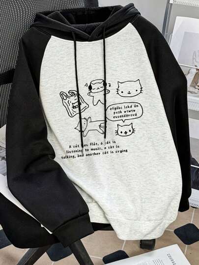 INAWLY 女士秋冬标语卡通印花撞色拼接插肩袖连帽衫，毕业季、教师节、返校季套头衫